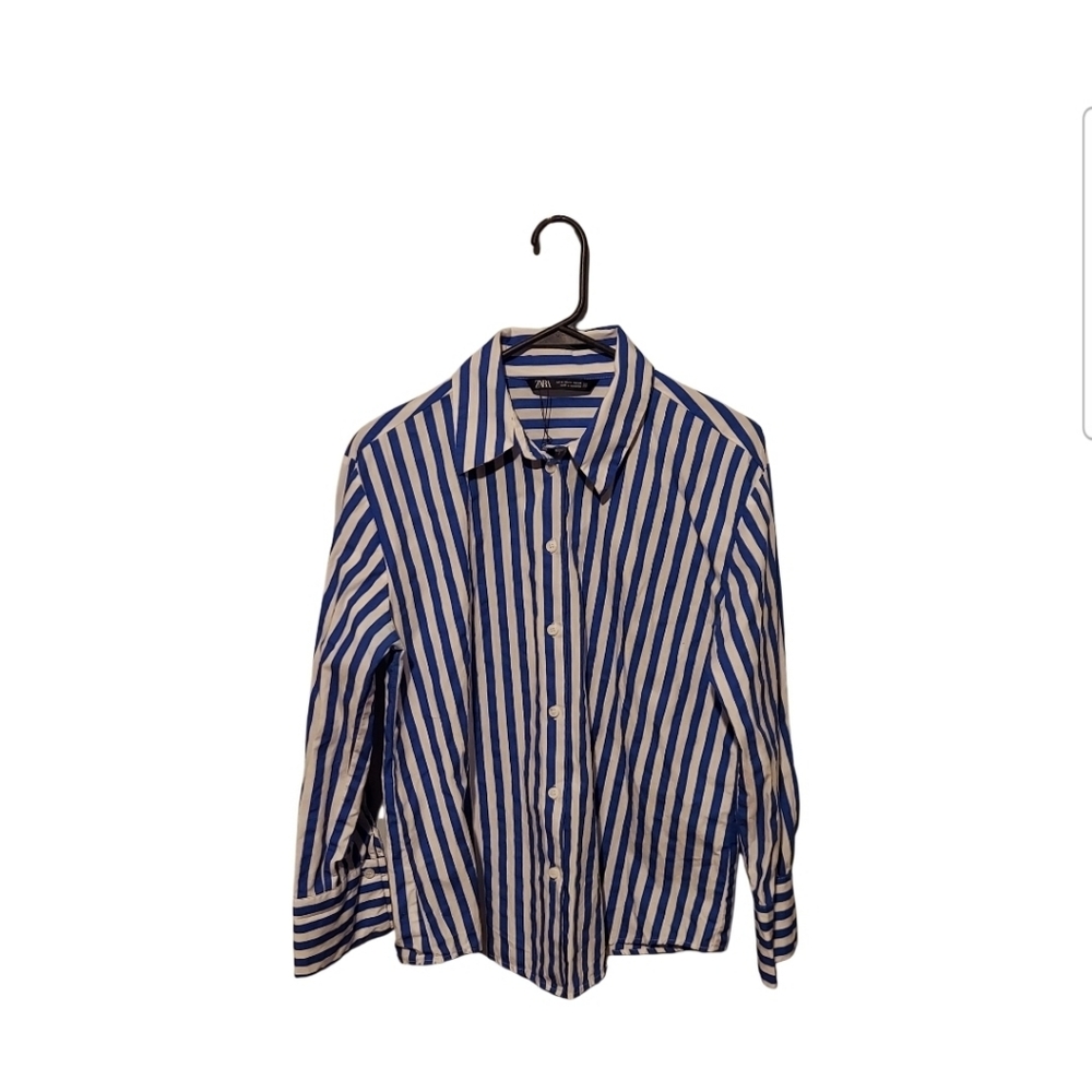 Zara Button Shirt Size M Blue White Striped Preppy Beachy Boho Office Career